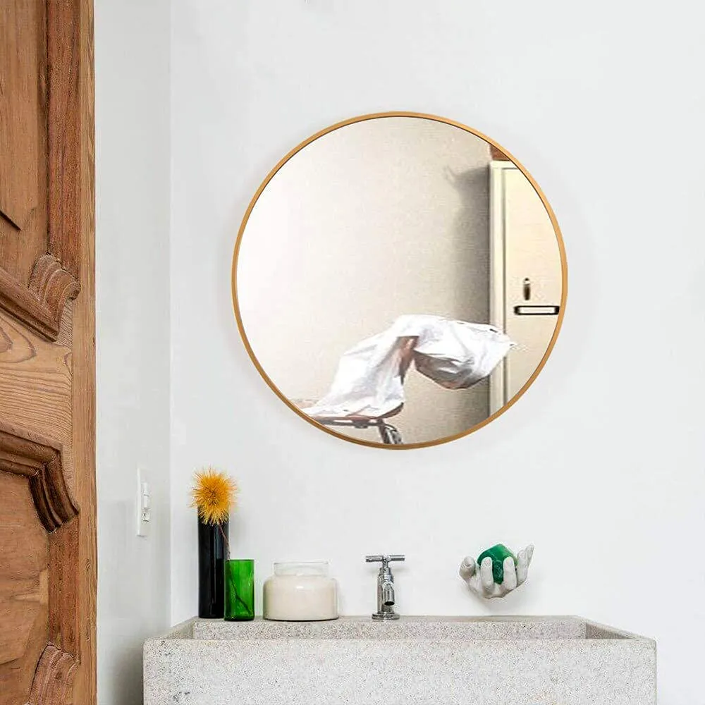 Matte Polish Golden Bordered Minimalist Round Wall Mirror 33 inches