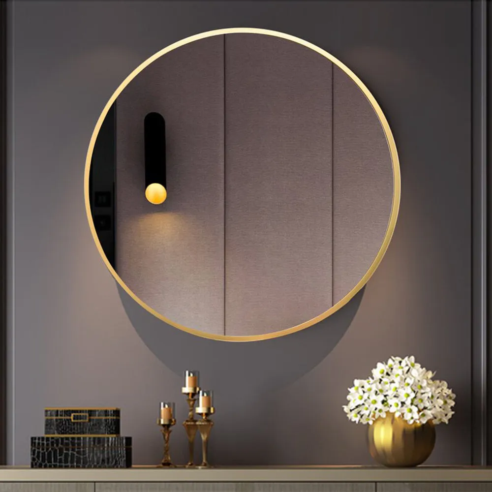 Matte Polish Golden Bordered Minimalist Round Wall Mirror 33 inches