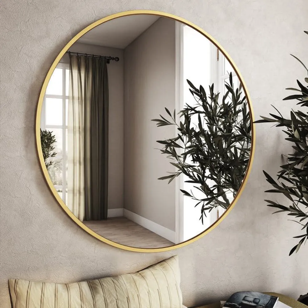 Matte Polish Golden Bordered Minimalist Round Wall Mirror 33 inches