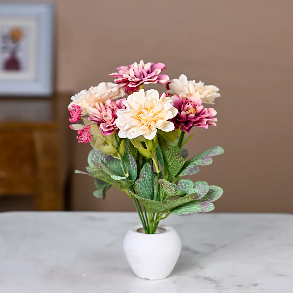 Mauve & White Dahlia Artificial Flowers With Pot Single Piece