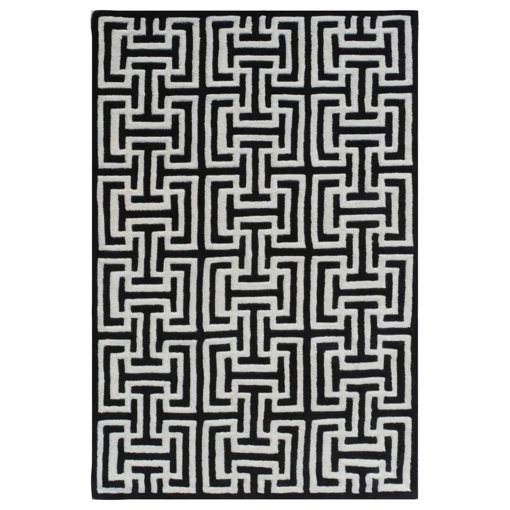 Maze Patterned Black & White Tufted Area Carpet 3X5ft