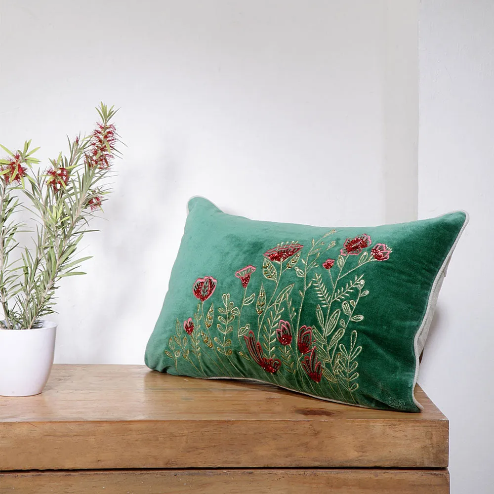 Meadow Pattern Green Embroidered Velvet Cushion Cover Pack of 1