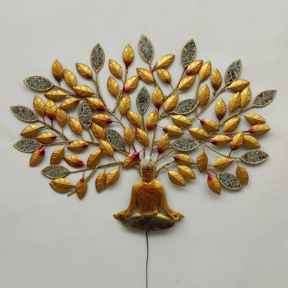 Meditating Buddha Beneath Tree LED Metal Wall Art