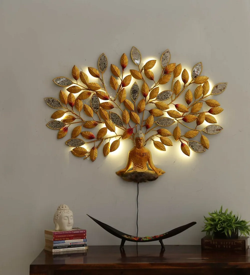 Meditating Buddha Beneath Tree LED Metal Wall Art