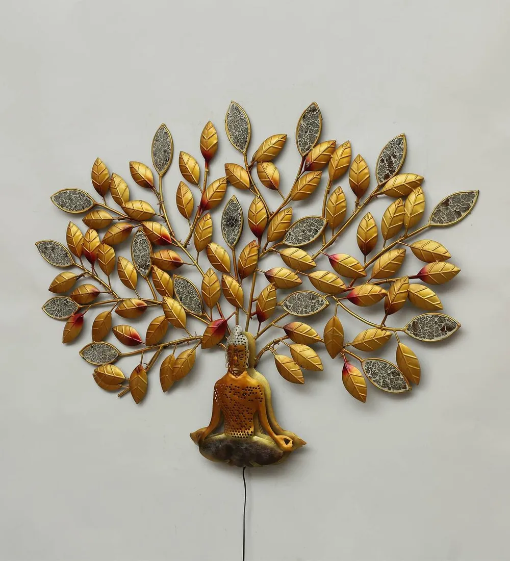 Meditating Buddha Beneath Tree LED Metal Wall Art