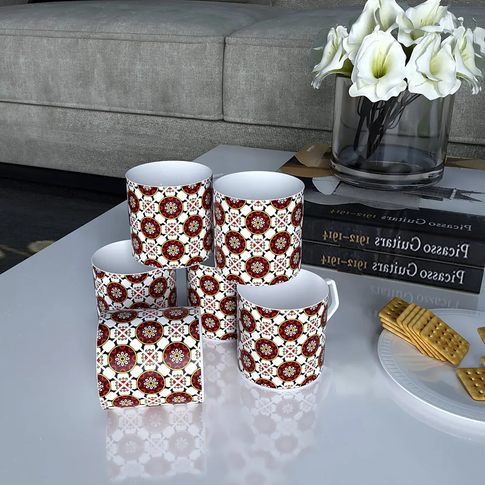 Merging Floral Red & White Designer Tea Cups (Set of 6)
