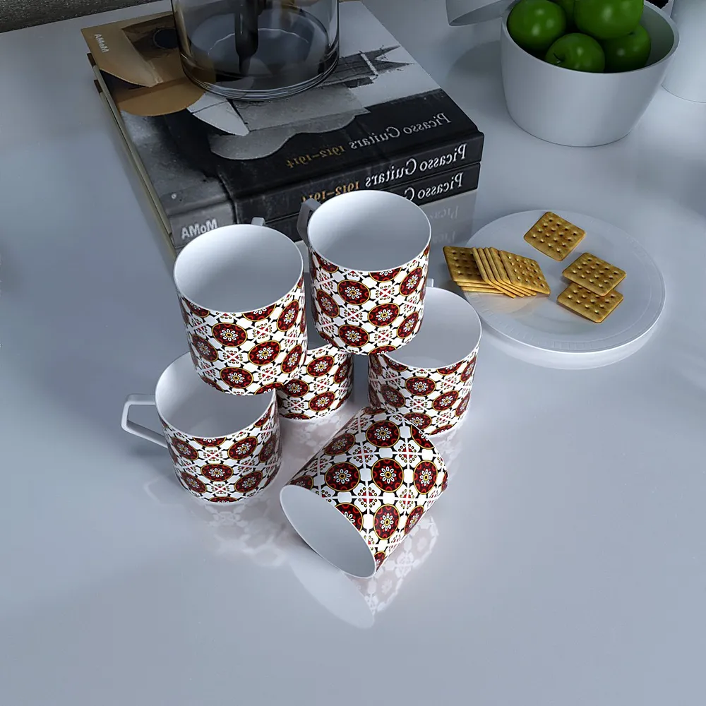 Merging Floral Red & White Designer Tea Cups (Set of 6)