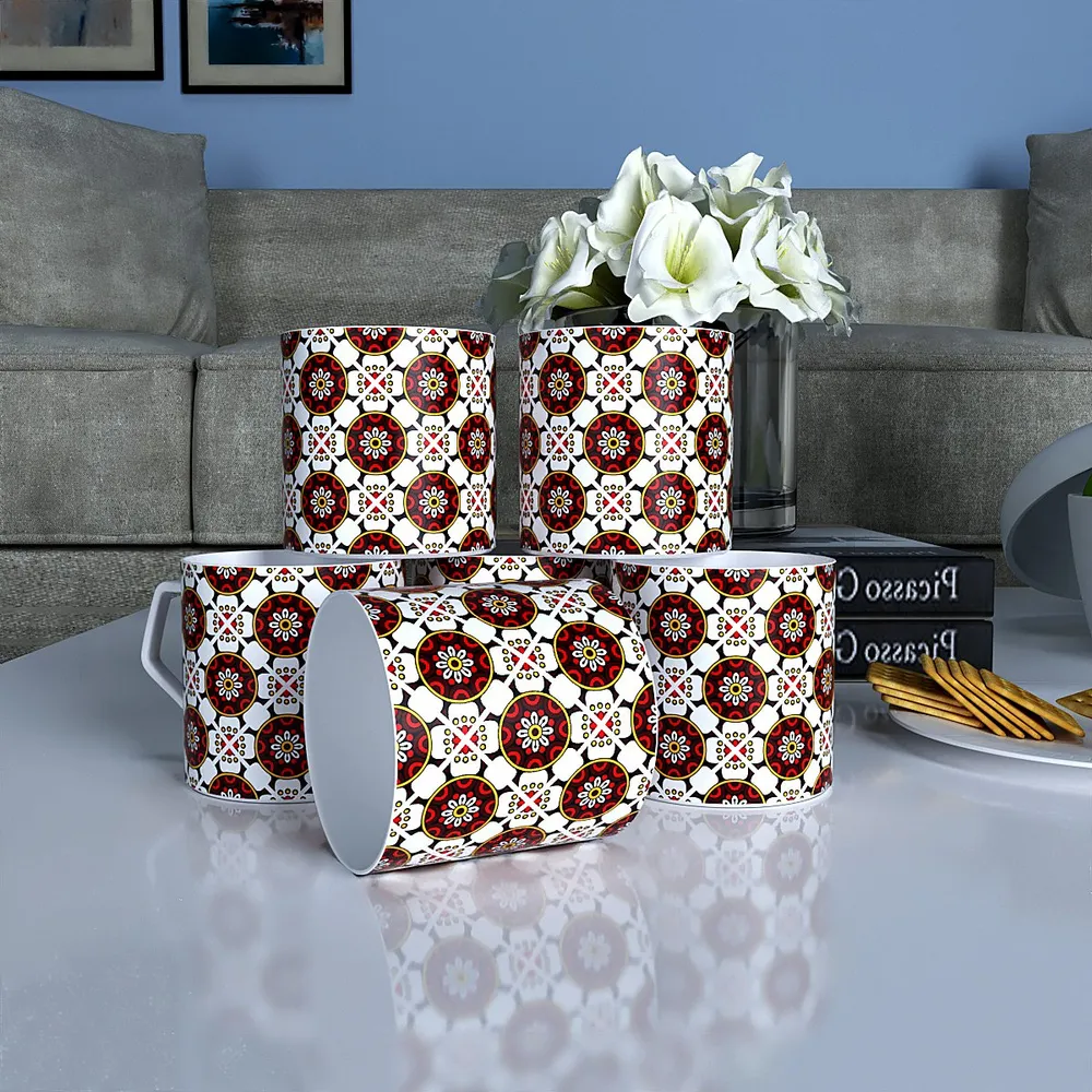 Merging Floral Red & White Designer Tea Cups (Set of 6)
