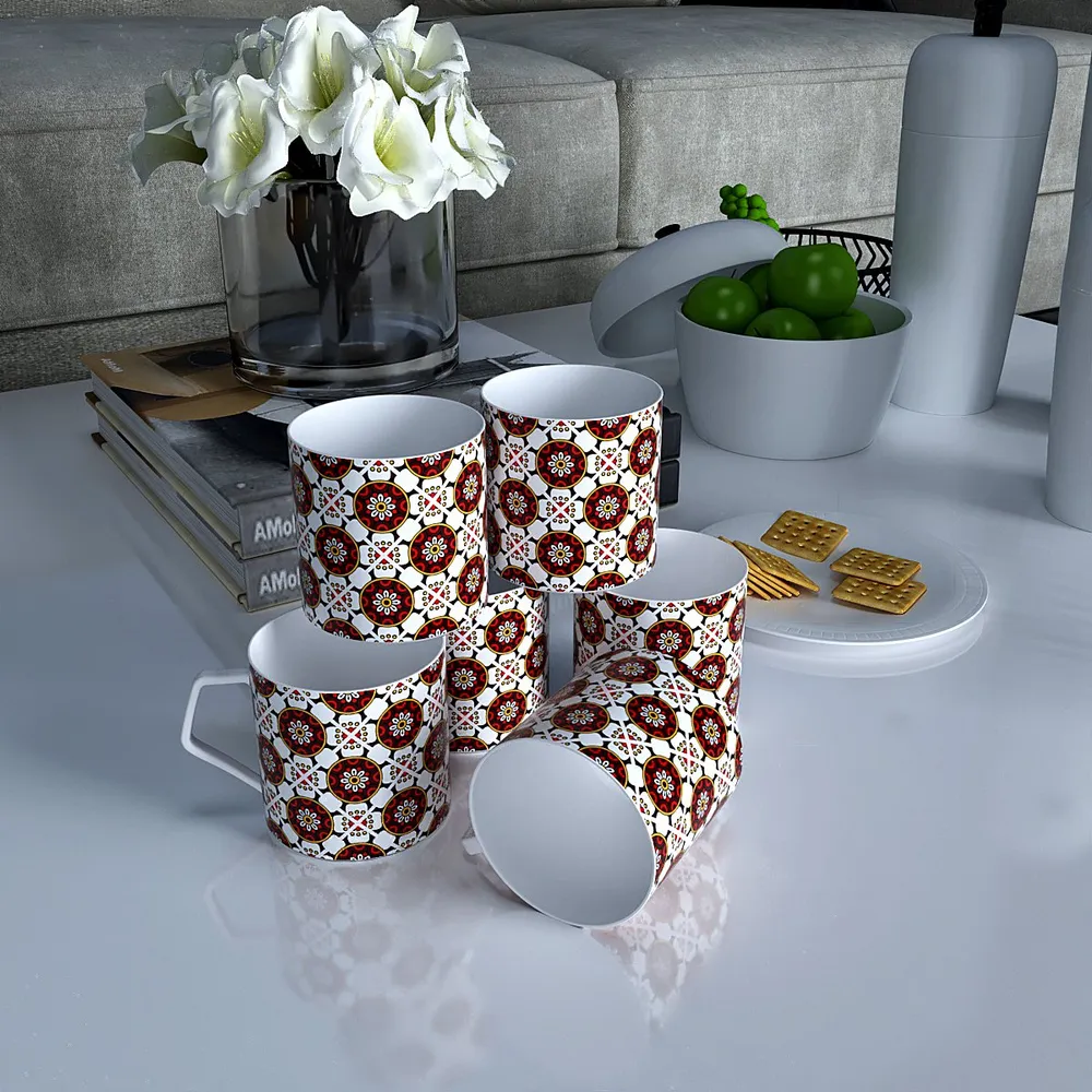 Merging Floral Red & White Designer Tea Cups (Set of 6)