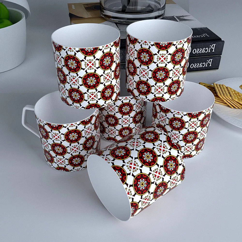 Merging Floral Red & White Designer Tea Cups (Set of 6)