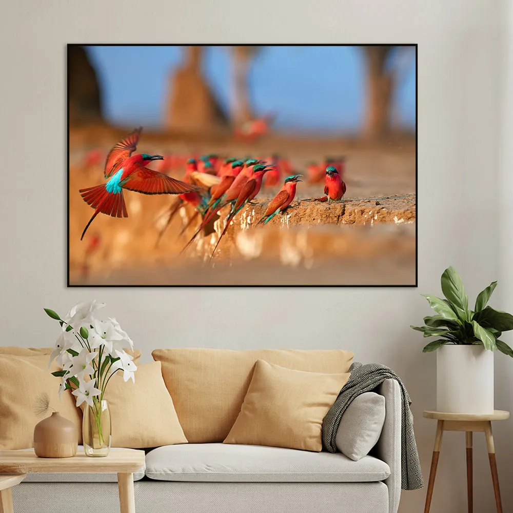 Mesmerising Red &amp; Blue-Winged African Birds Wall Painting With Floating Frame