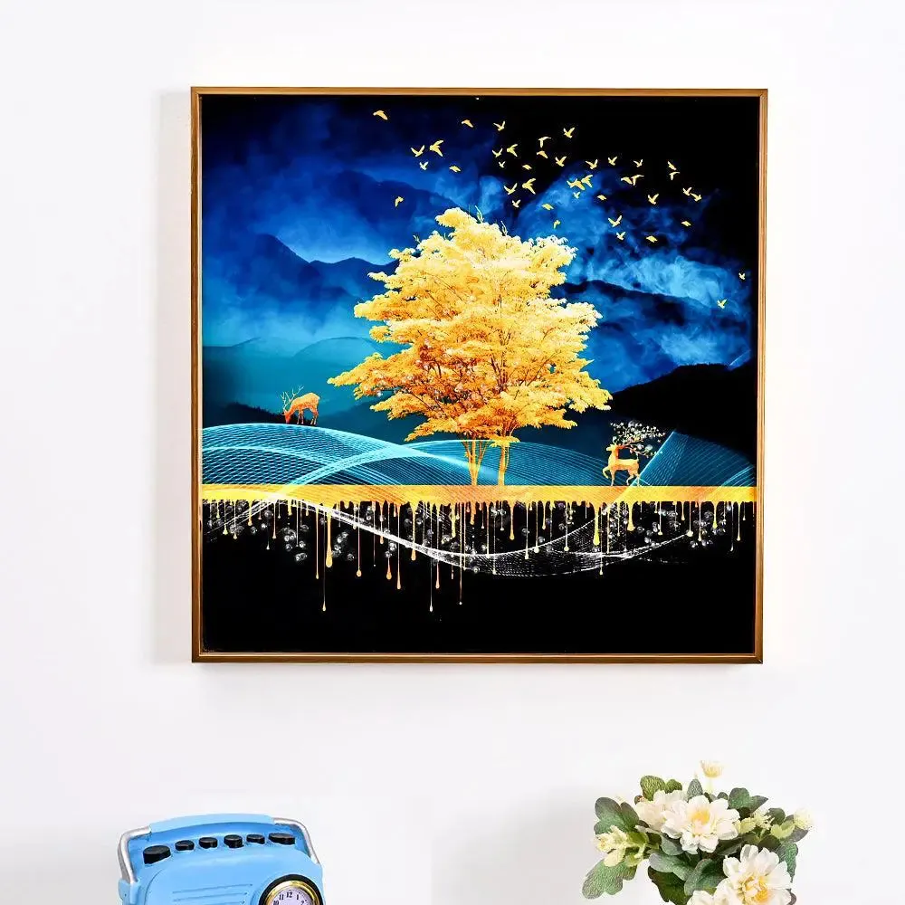 Mesmerising Tree Captured at Night Crystal Glass Art Wall Painting- Golden Frame