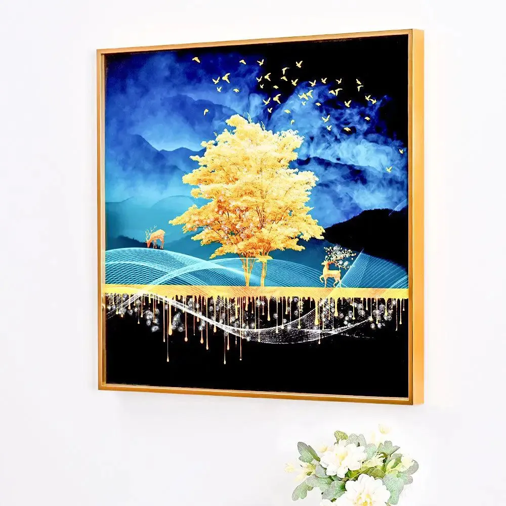 Mesmerising Tree Captured at Night Crystal Glass Art Wall Painting- Golden Frame