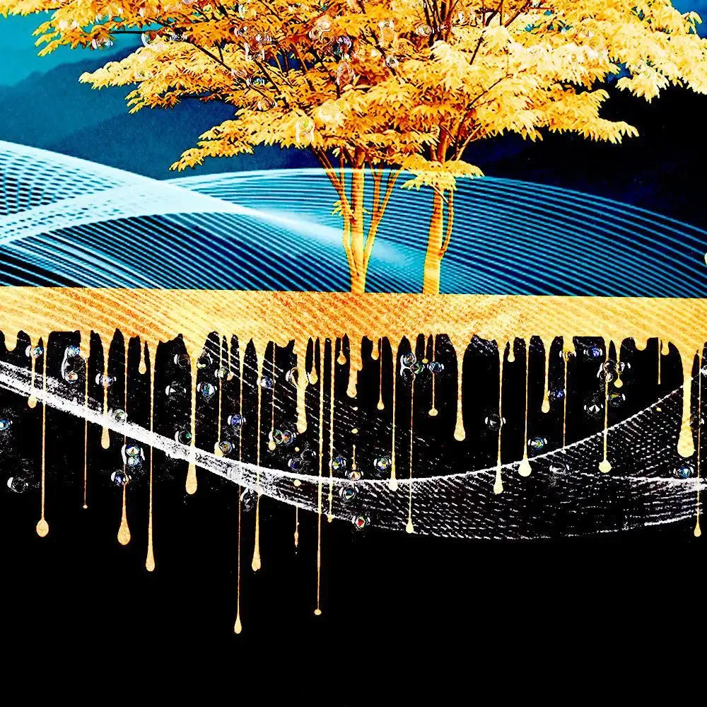 Mesmerising Tree Captured at Night Crystal Glass Art Wall Painting- Golden Frame