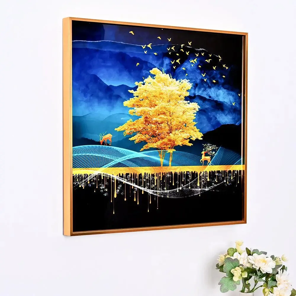 Mesmerising Tree Captured at Night Crystal Glass Art Wall Painting- Golden Frame