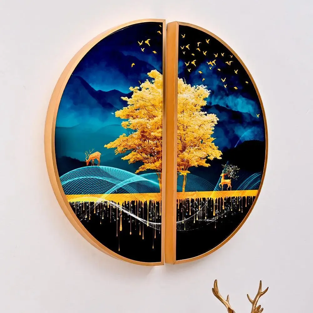Mesmerising Tree Crystal Glass Art Wall Painting (Semi-Circular Golden Frame)