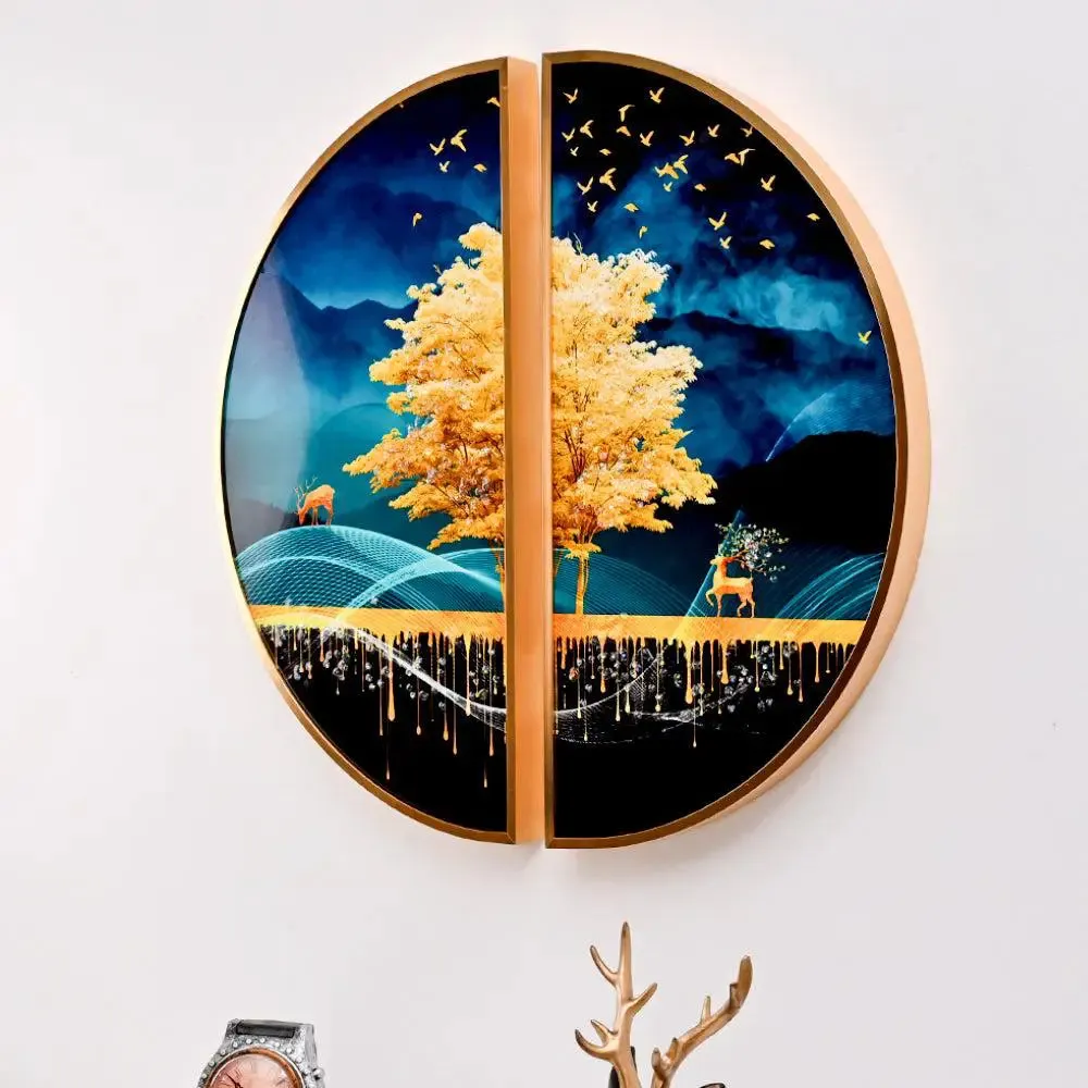 Mesmerising Tree Crystal Glass Art Wall Painting (Semi-Circular Golden Frame)