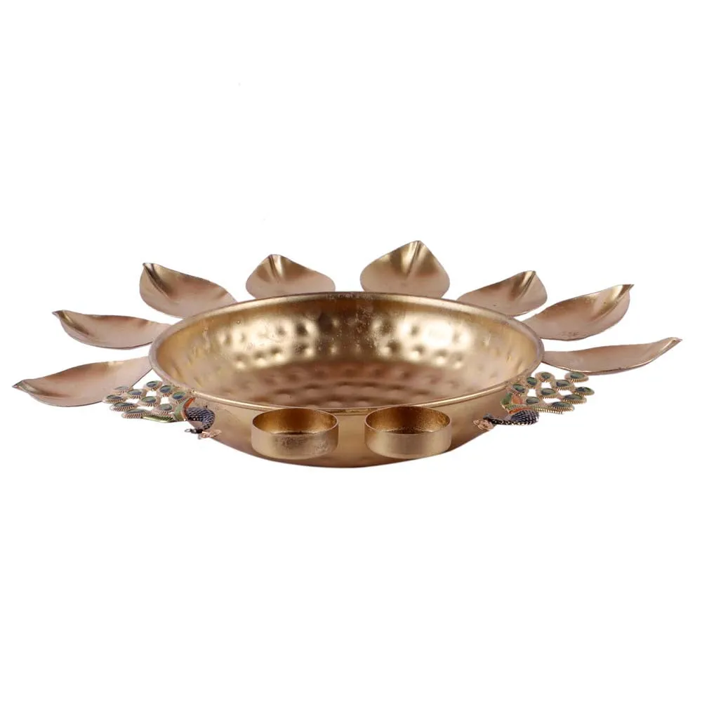 Metal decorative set of 3 peacock urli bowl tealight holder