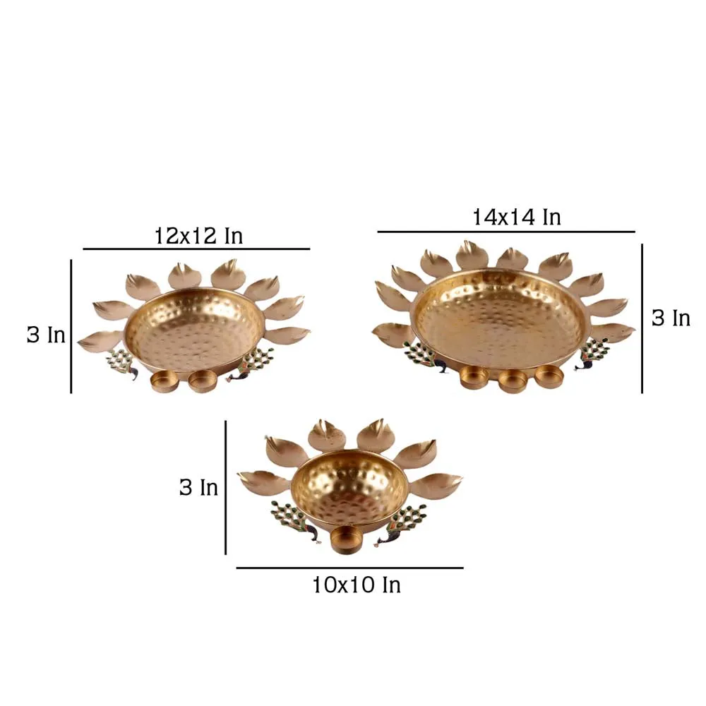 Metal decorative set of 3 peacock urli bowl tealight holder