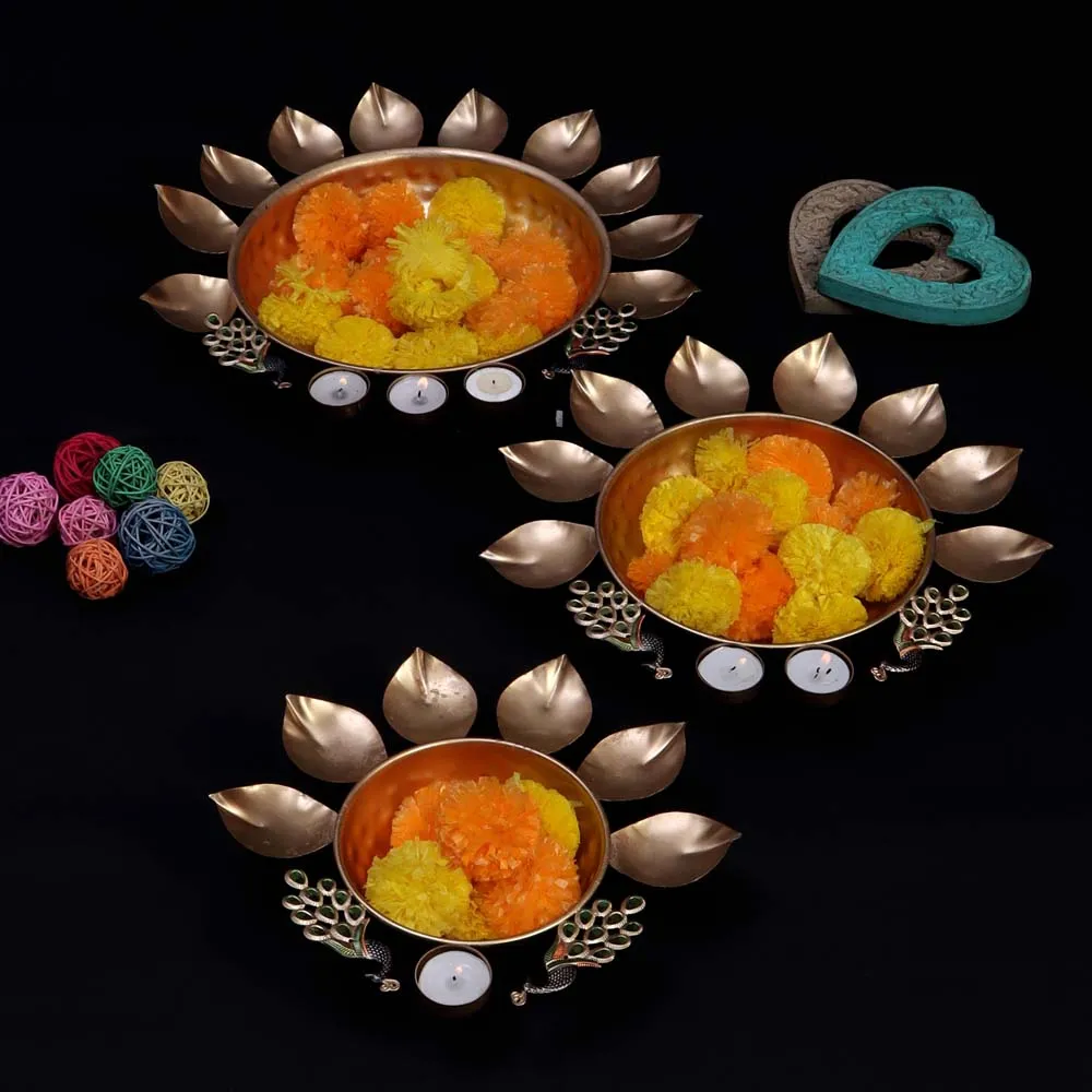Metal decorative set of 3 peacock urli bowl tealight holder