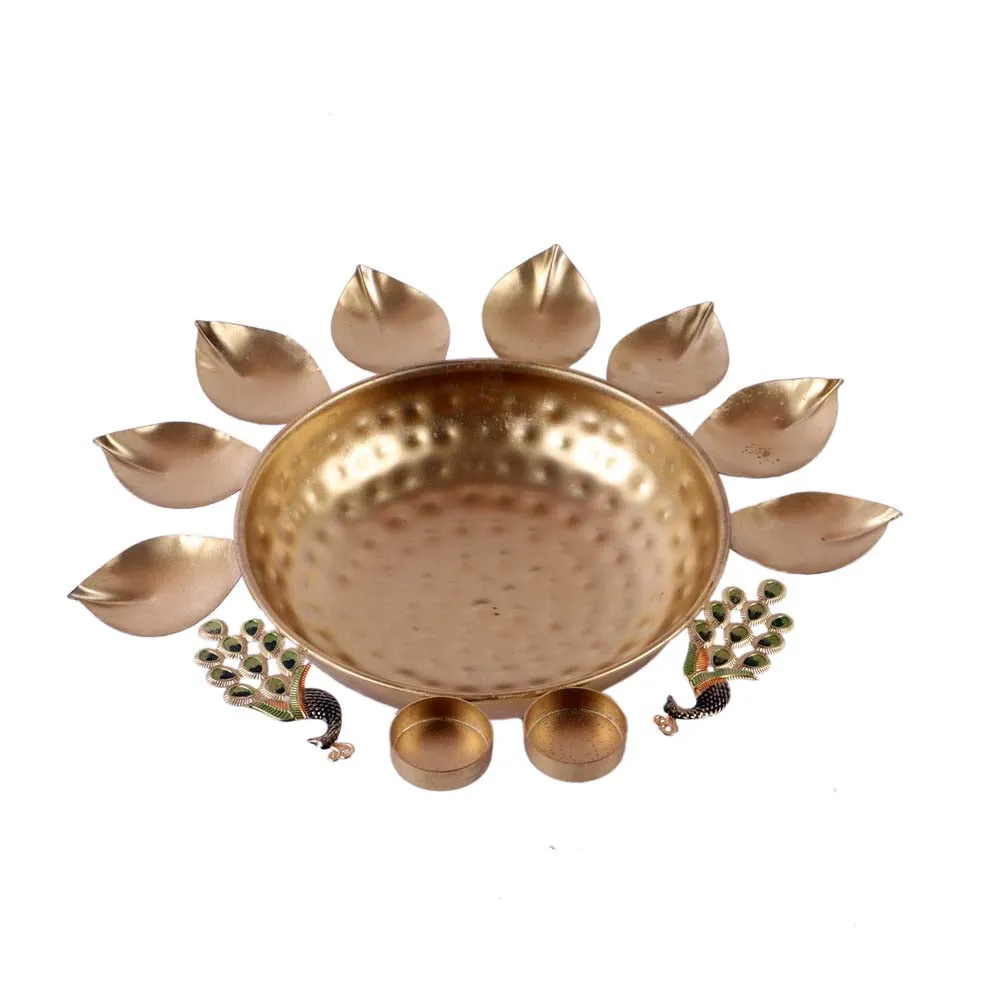 Metal decorative set of 3 peacock urli bowl tealight holder