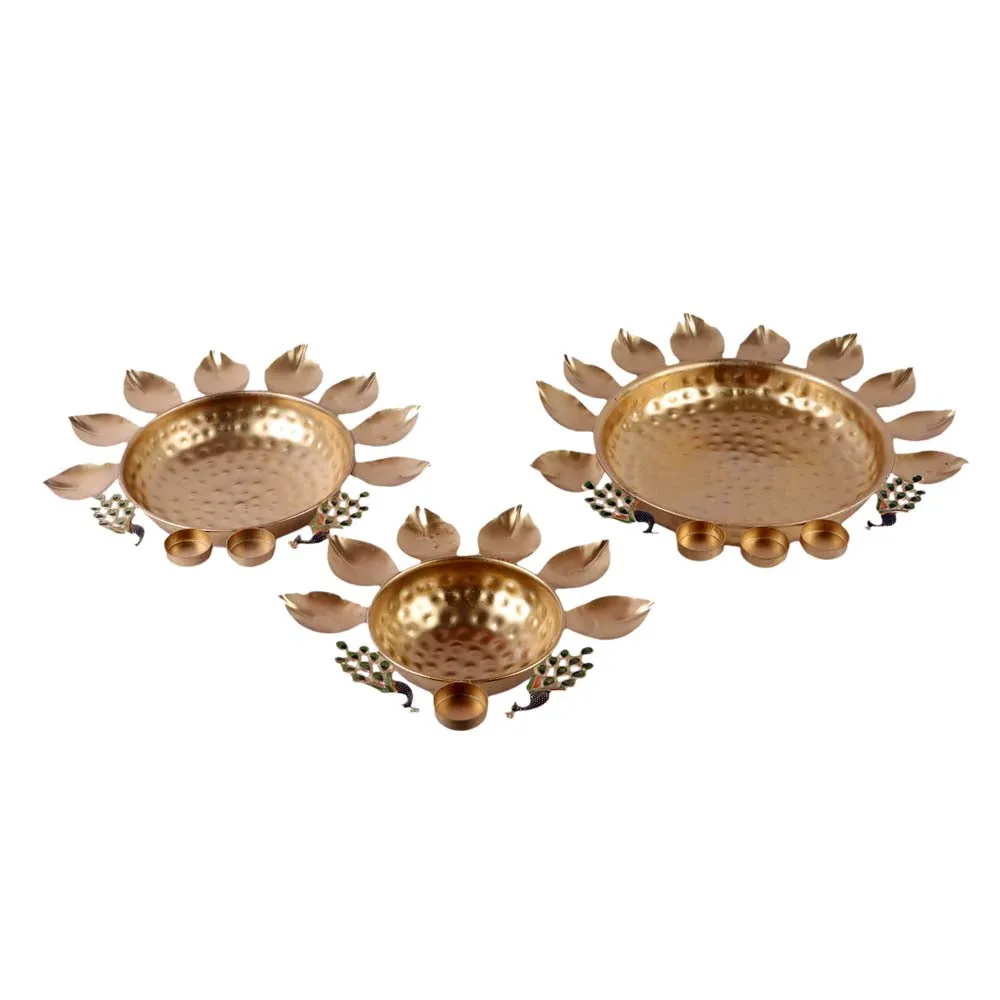Metal decorative set of 3 peacock urli bowl tealight holder