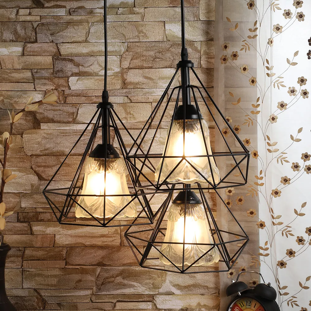 Metal Encased Carved Bell Motif Glass Cluster Hanging Light