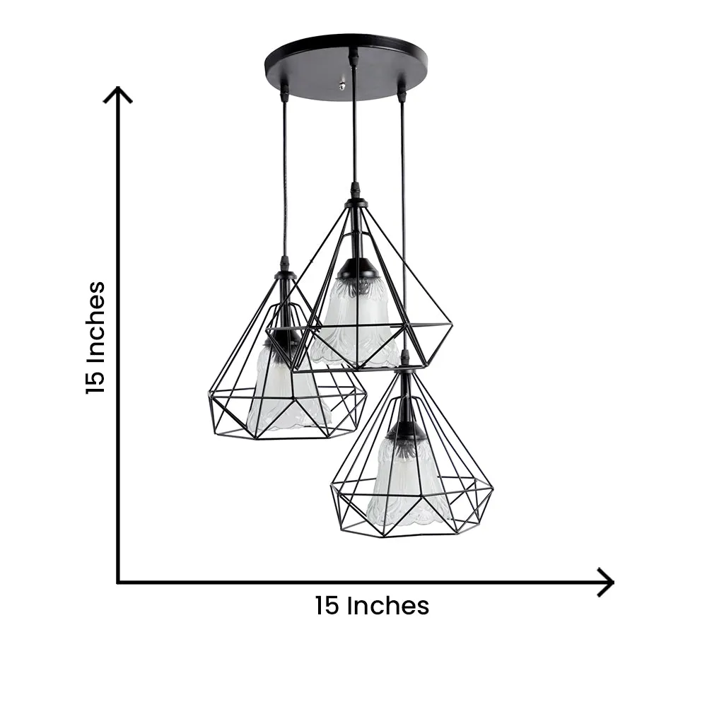 Metal Encased Carved Bell Motif Glass Cluster Hanging Light