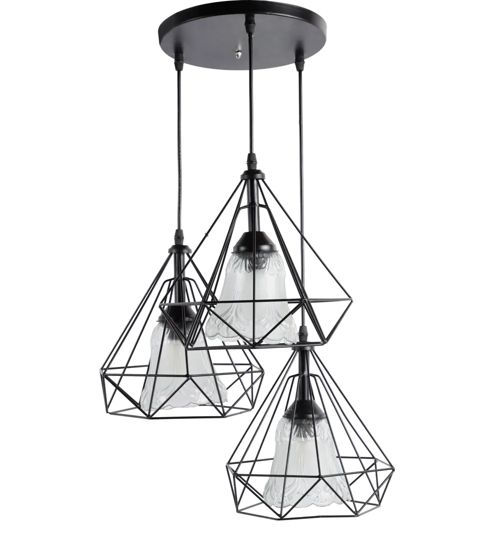 Metal Encased Carved Bell Motif Glass Cluster Hanging Light