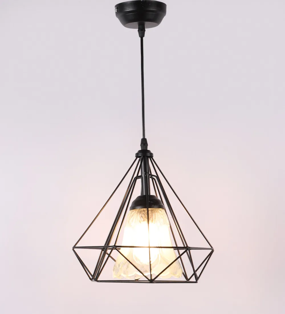 Metal Encased Carved Bell Motif Glass Single Hanging Light Single Piece