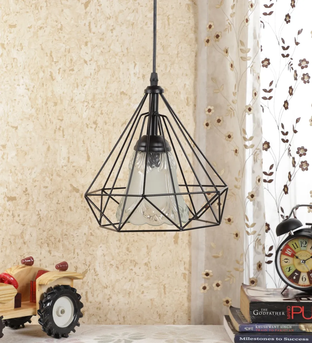 Metal Encased Carved Bell Motif Glass Single Hanging Light Single Piece