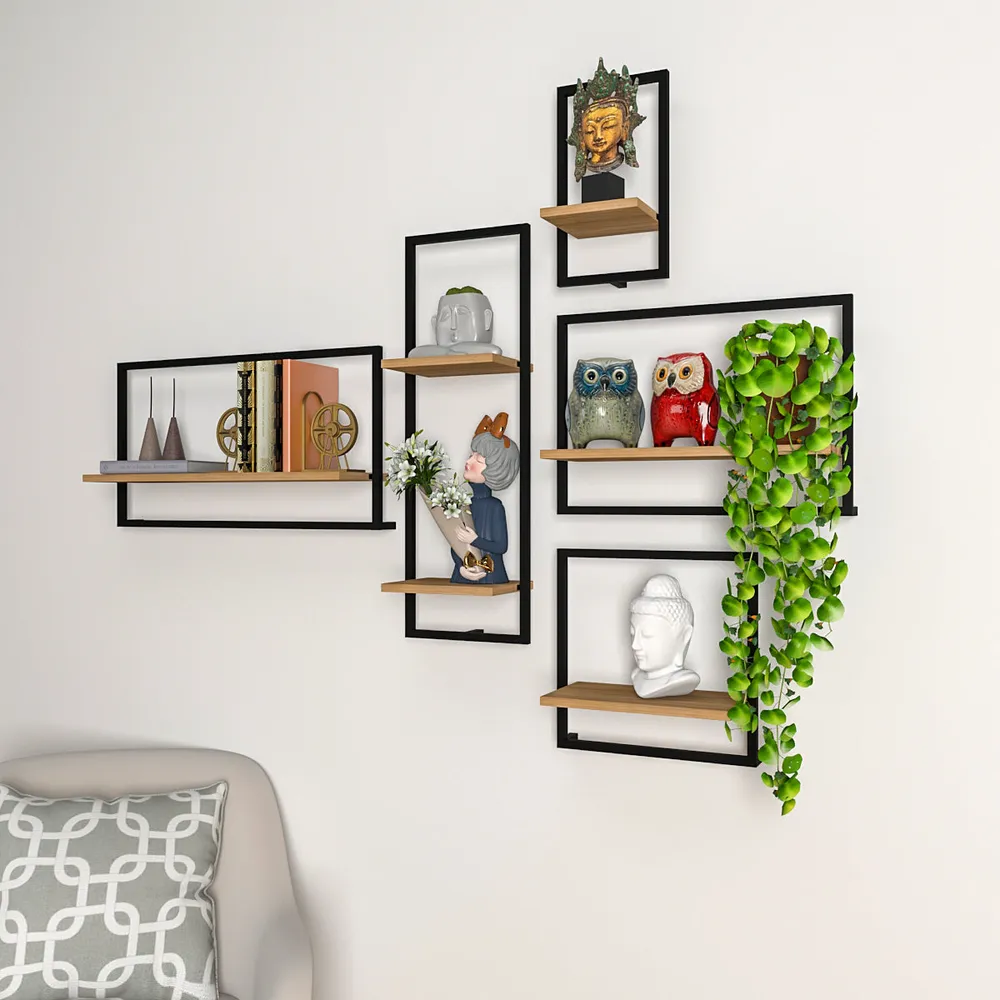 Metal Framed Wall Shelves In Urban Motif Set Of 5