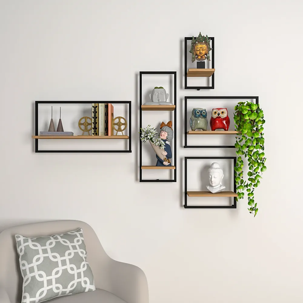 Metal Framed Wall Shelves In Urban Motif Set Of 5