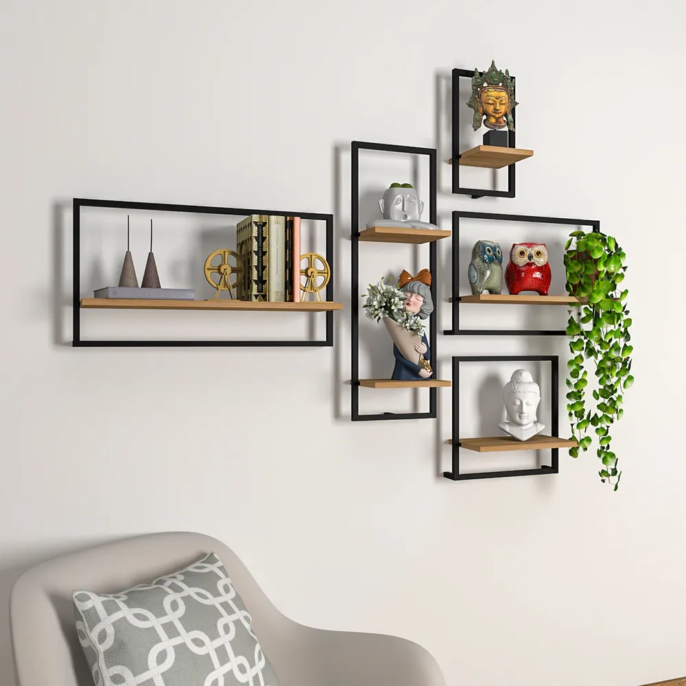 Metal Framed Wall Shelves In Urban Motif Set Of 5