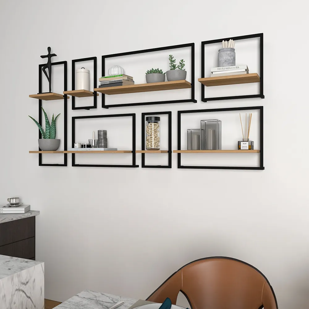 Metal Framed Wall Shelves In Urban Motif Set Of 7