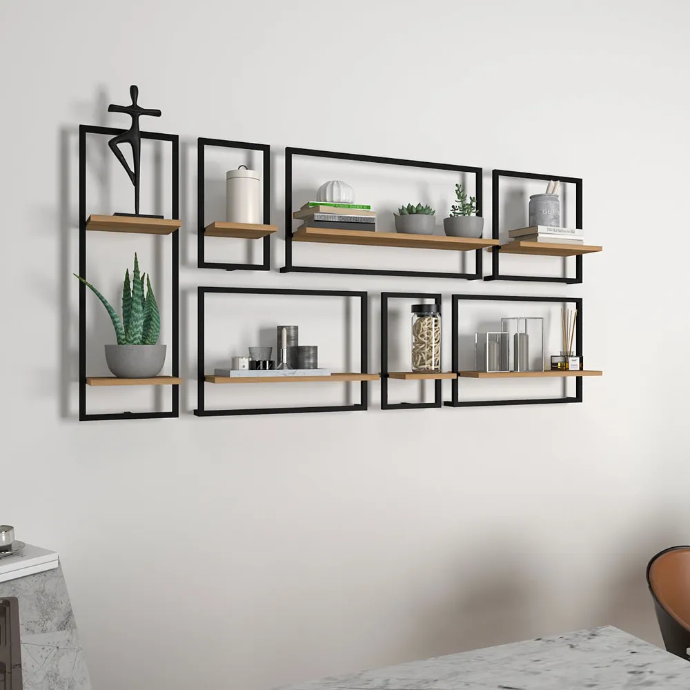 Metal Framed Wall Shelves In Urban Motif Set Of 7