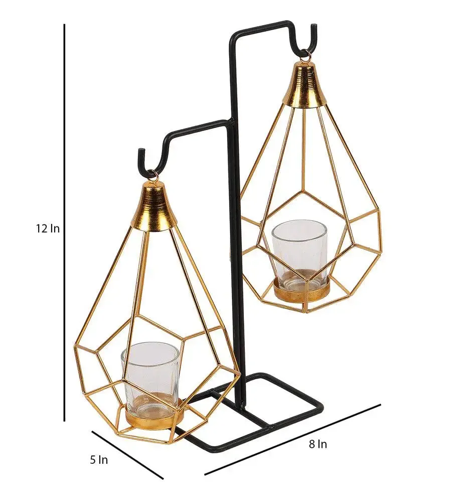 Metallic Gold Double Pendulam Tealight Holder with Glass