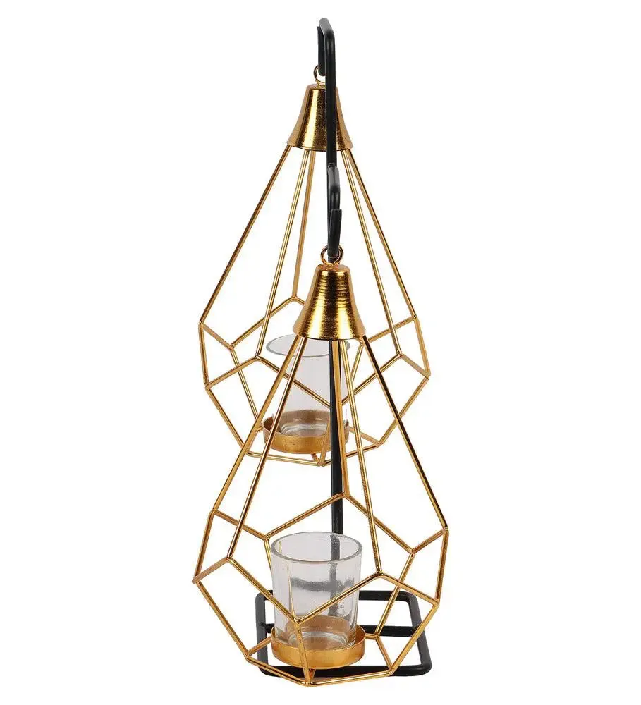 Metallic Gold Double Pendulam Tealight Holder with Glass