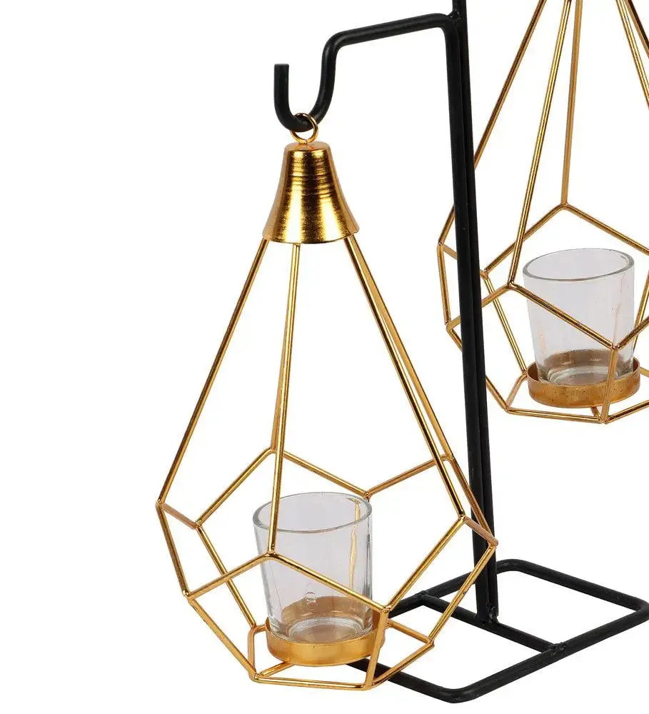 Metallic Gold Double Pendulam Tealight Holder with Glass