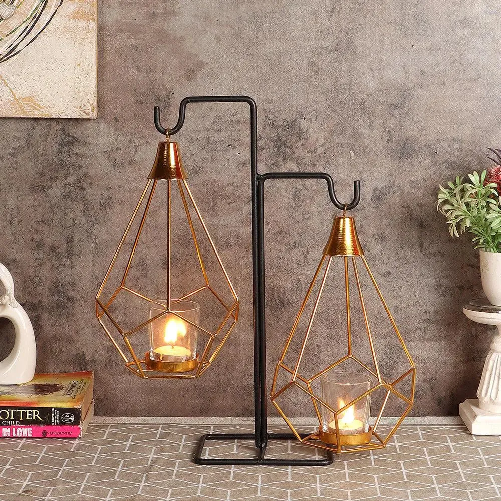 Metallic Gold Double Pendulam Tealight Holder with Glass