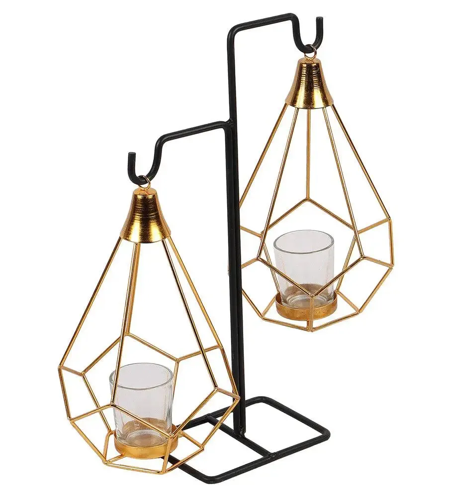 Metallic Gold Double Pendulam Tealight Holder with Glass
