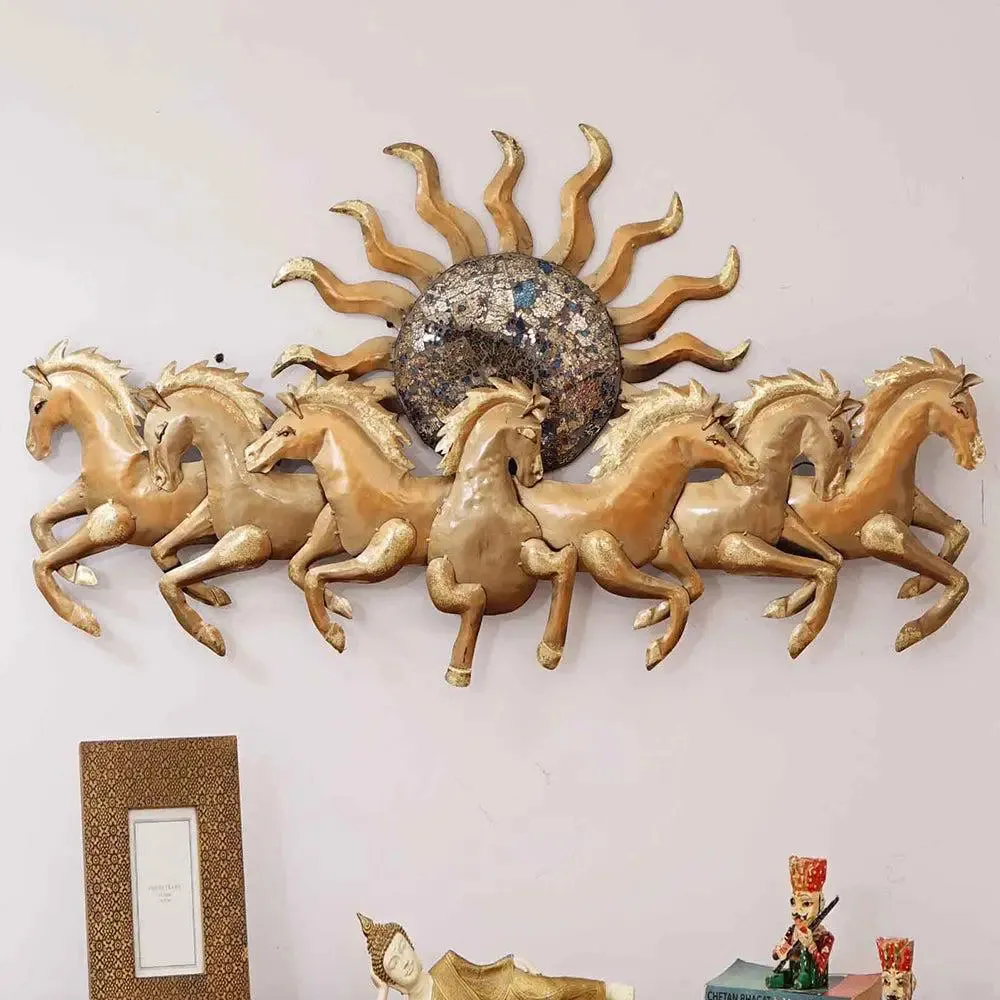 Metallic Gold Seven Running Horse Designer Metal Wall Art (Medium)