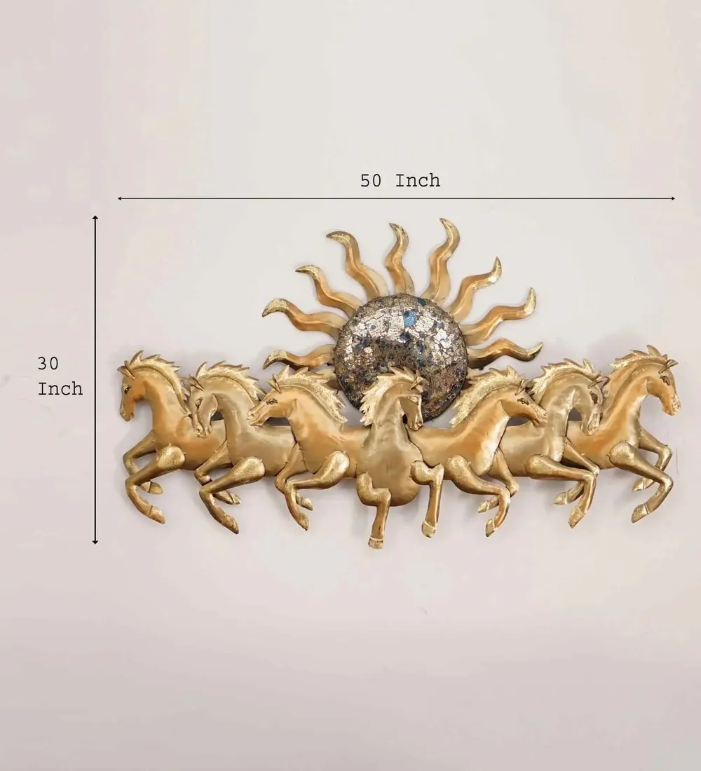 Metallic Gold Seven Running Horse Designer Metal Wall Art (Large)
