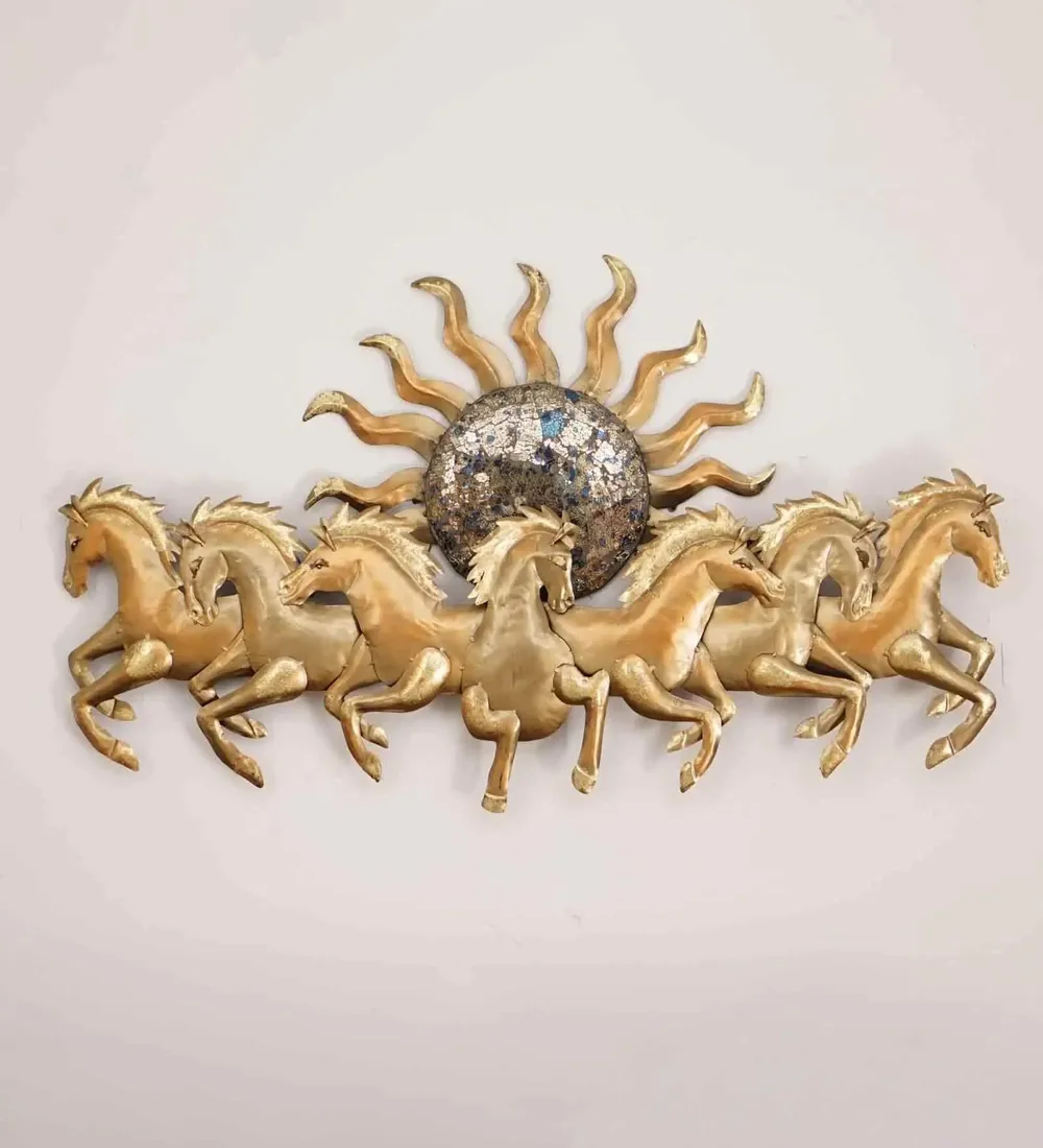 Metallic Gold Seven Running Horse Designer Metal Wall Art (Medium)