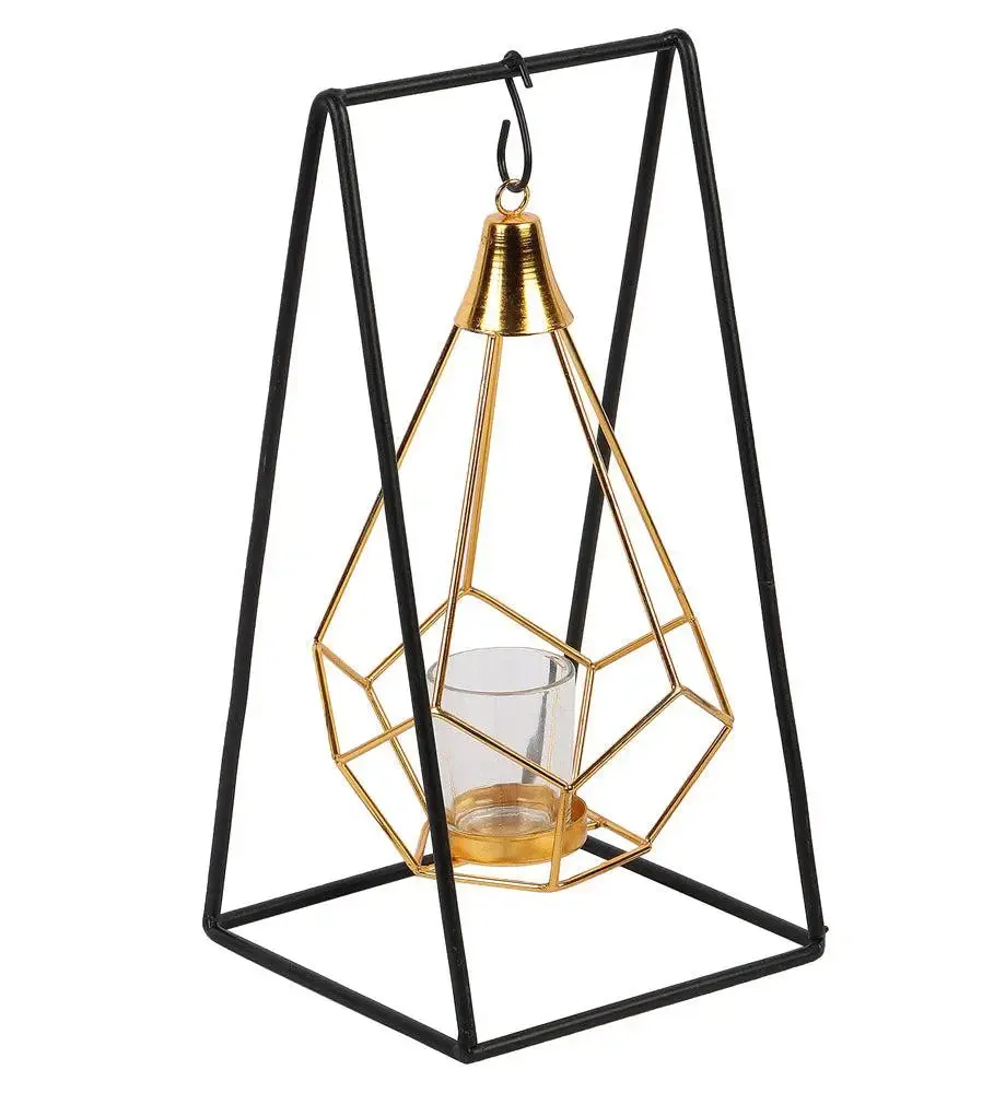 Metallic Triangle Diamond Pendulam Tealight Holder with Glass