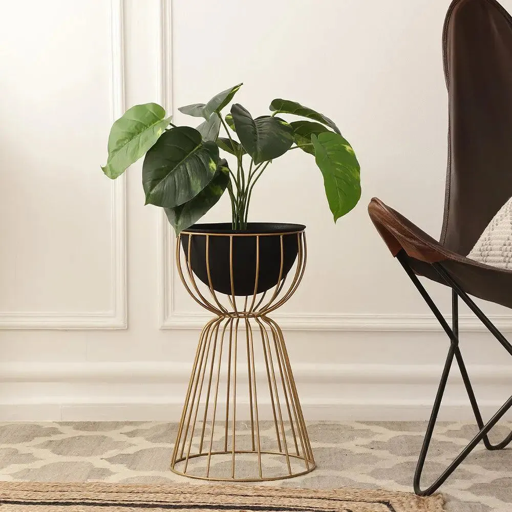 Metallic Twin Medium Bloom Floor Planter Stand (Black Pot & Golden Stand)