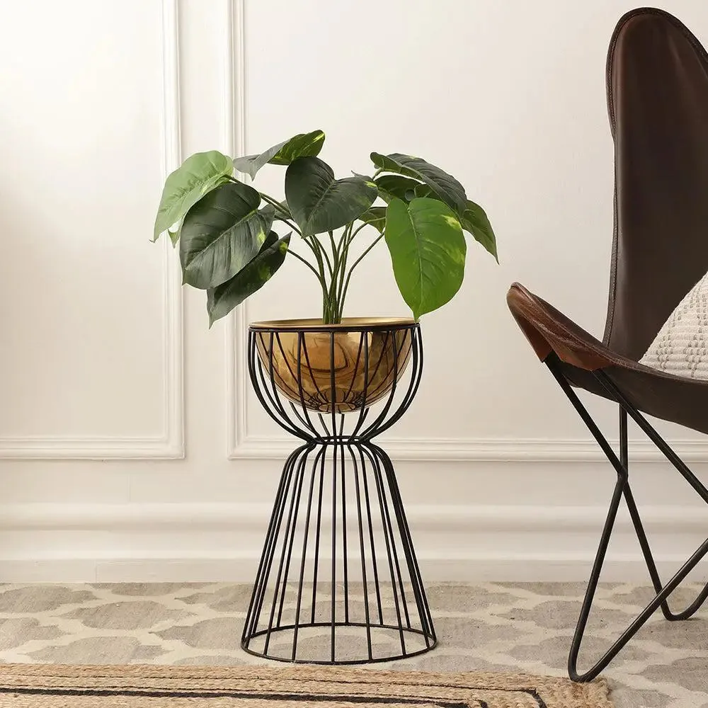 Metallic Twin Medium Bloom Golden Floor Planter Stand (Golden Pot & Black Stand)