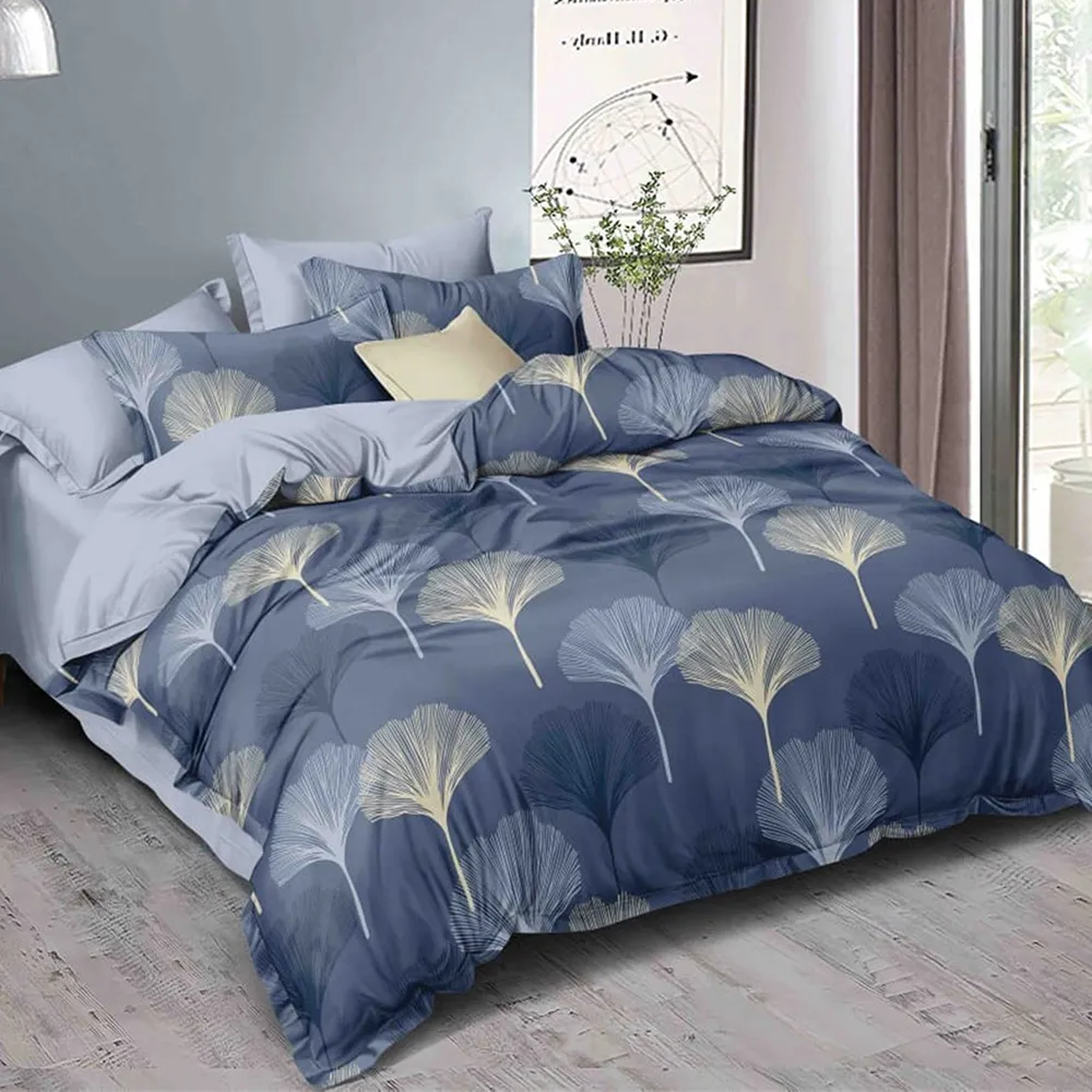 Midnight Petals Designer Floral Double Bedsheet With 2 Pillow Covers (Blue)