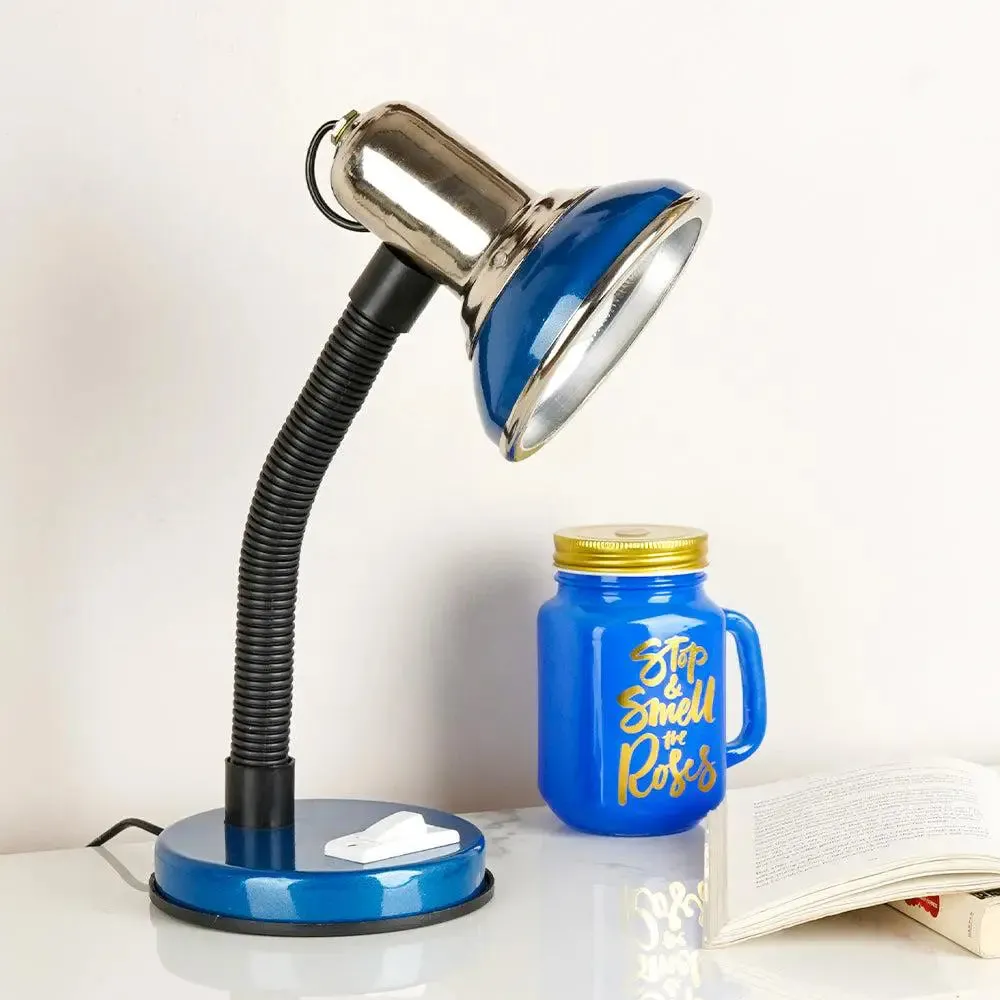 Minimalist Blue & Chrome-finished Table Lamp for Study Area with Adjustable Neck