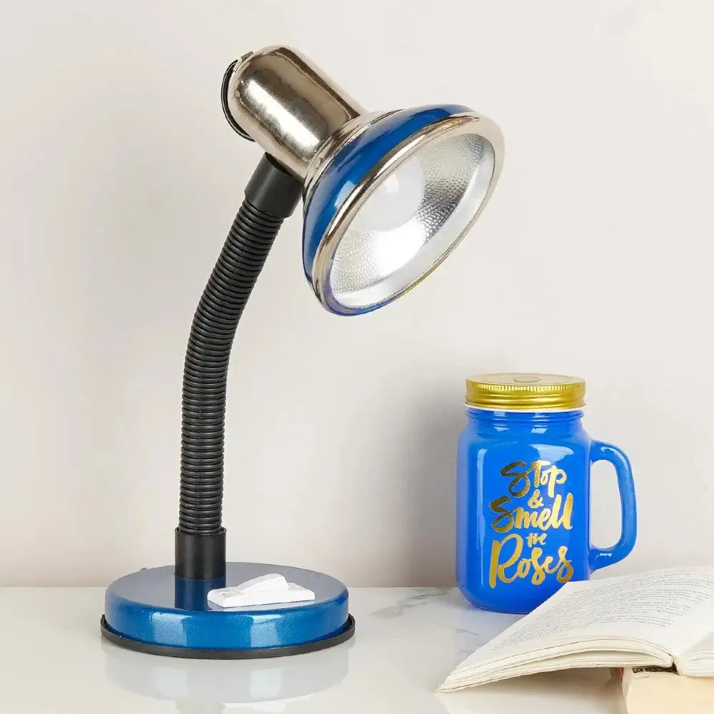 Minimalist Blue & Chrome-finished Table Lamp for Study Area with Adjustable Neck